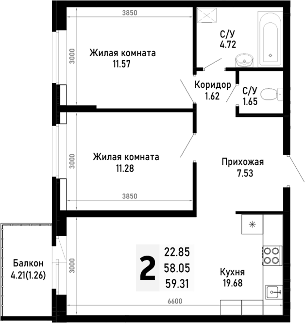 Продается 2-комн. квартира, 58.05 м²