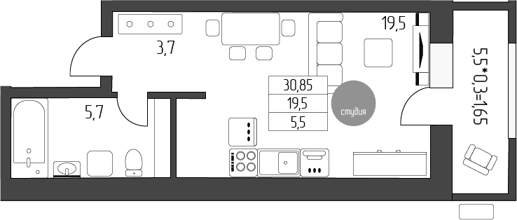 Студия, 29.2 м², 4/5 этаж, ЖК «Лермонтов»