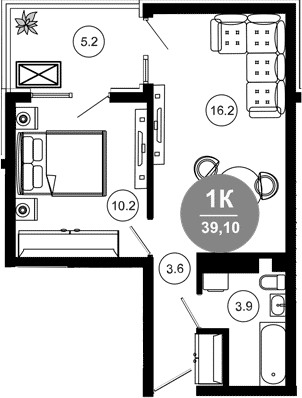 2-комн., 33.9 м², 7/10 этаж, ЖК «Гостиничный комплекс GREENMONT»