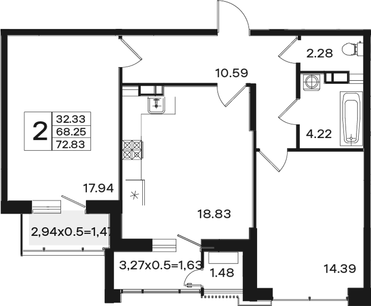 Продается 2-комн. квартира, 68.25 м²