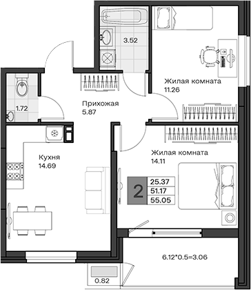 Продается 2-комн. квартира, 51.17 м²