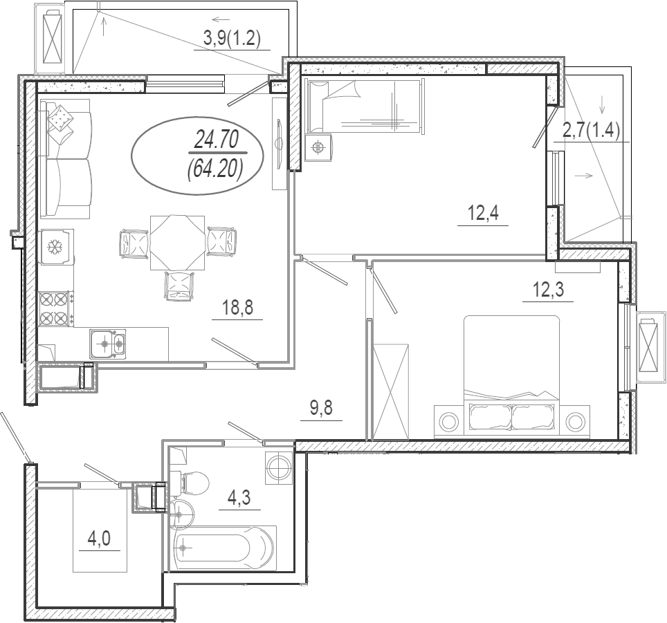 3-комн., 61.6 м², 15/15 этаж, ЖК «Микрорайон Южане»
