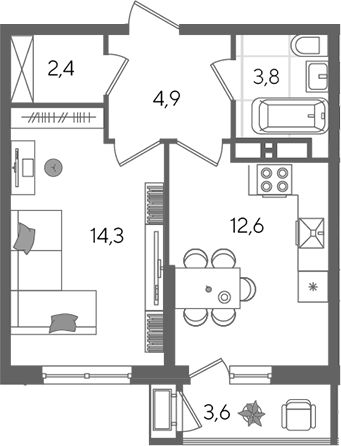 1-комн., 38 м², 19/24 этаж, ЖК «Рекорд»