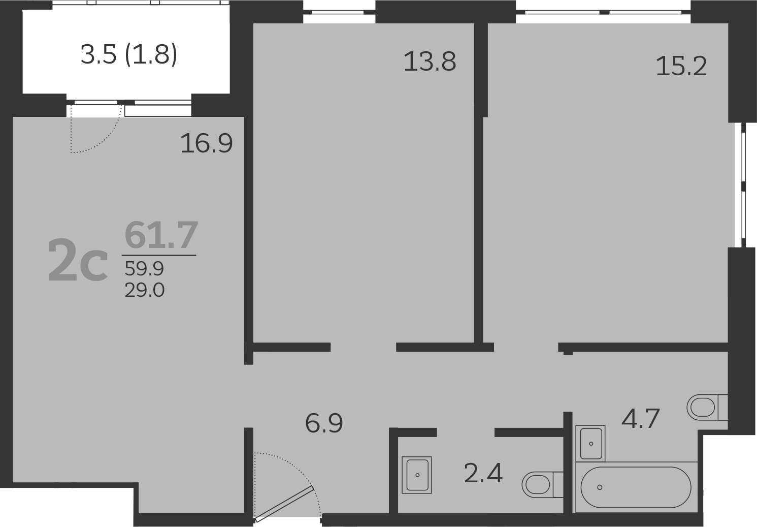 3-комн., 59.9 м², 14/24 этаж, ЖК «Все Свои VIP»