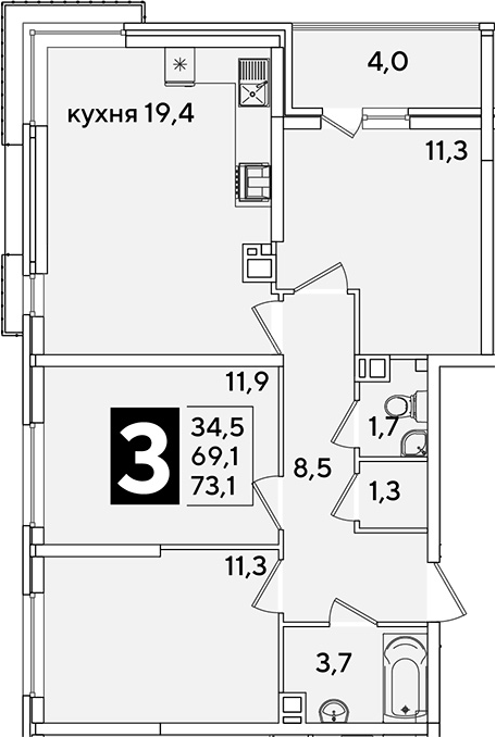 4+ комнаты, 69.1 м², 8/16 этаж, ЖК «Самолет»