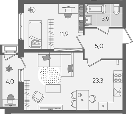 2-комн., 44.1 м², 2/24 этаж, ЖК «Рекорд»