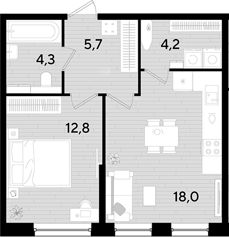 1-комн., 45 м², 2/16 этаж, ЖК «DОГМА ПАРК»