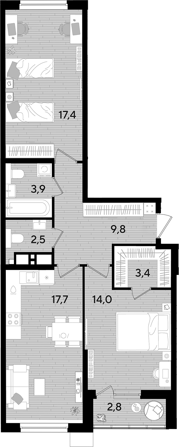 2-комн., 68.7 м², 10/16 этаж, ЖК «DОГМА ПАРК»
