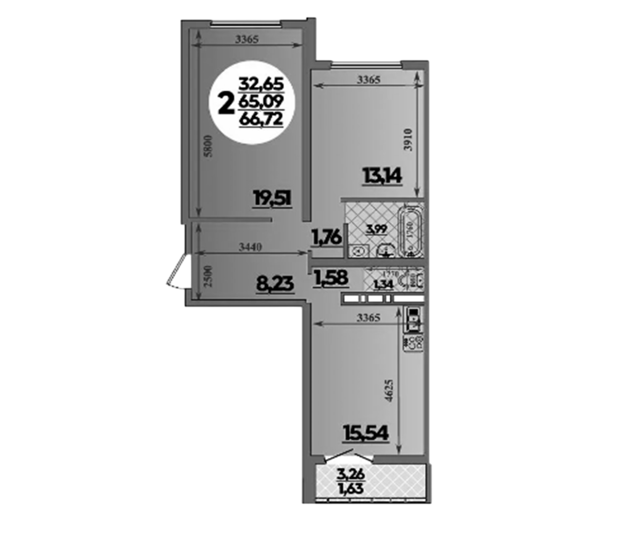 2-комн., 65.09 м², 12/16 этаж, ЖК «Город у моря»
