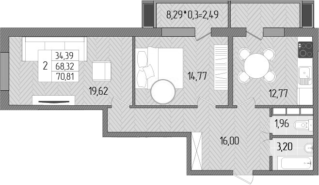 2-комн., 68.32 м², 6/8 этаж, ЖК «Сады у моря»