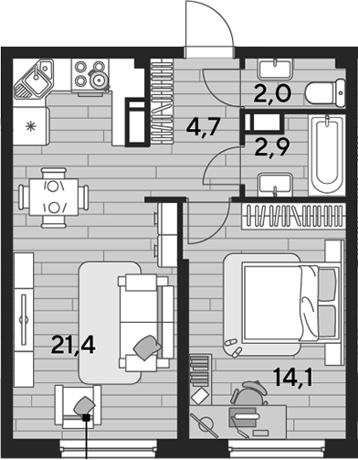 1-комн., 45.1 м², 12/16 этаж, ЖК «DОГМА ПАРК»