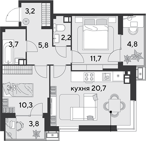 3-комн., 57.6 м², 9/18 этаж, ЖК «Парк Победы»