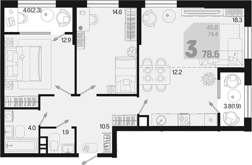 Продается 3-комн. квартира, 74.4 м²