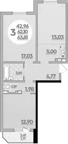 3-комн., 62.1 м², 3/8 этаж, ЖК «Молодежный 2»