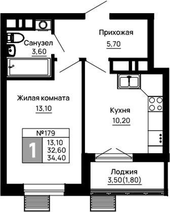 1-комн., 32.6 м², 3/9 этаж, ЖК «Традиции»