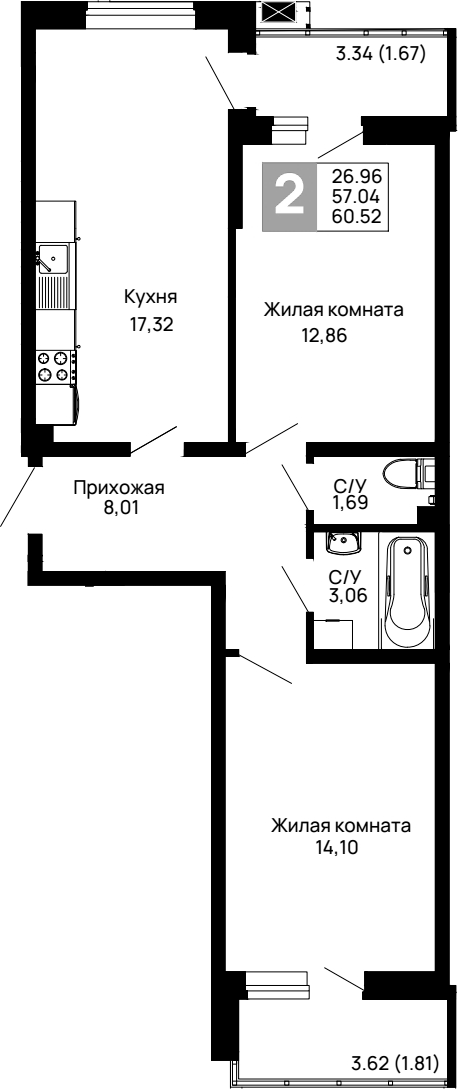 Продается 2-комн. квартира, 57.04 м²