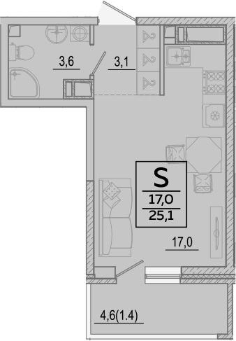 Студия, 23.7 м², 15/24 этаж, ЖК «Улыбка»