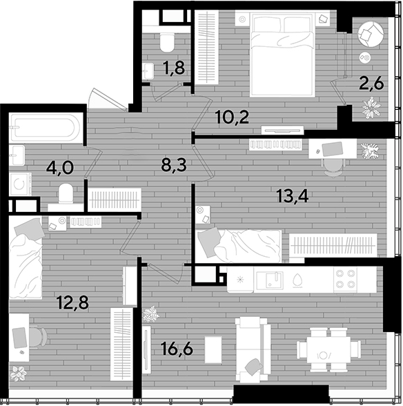 3-комн., 67.1 м², 15/16 этаж, ЖК «DОГМА ПАРК»