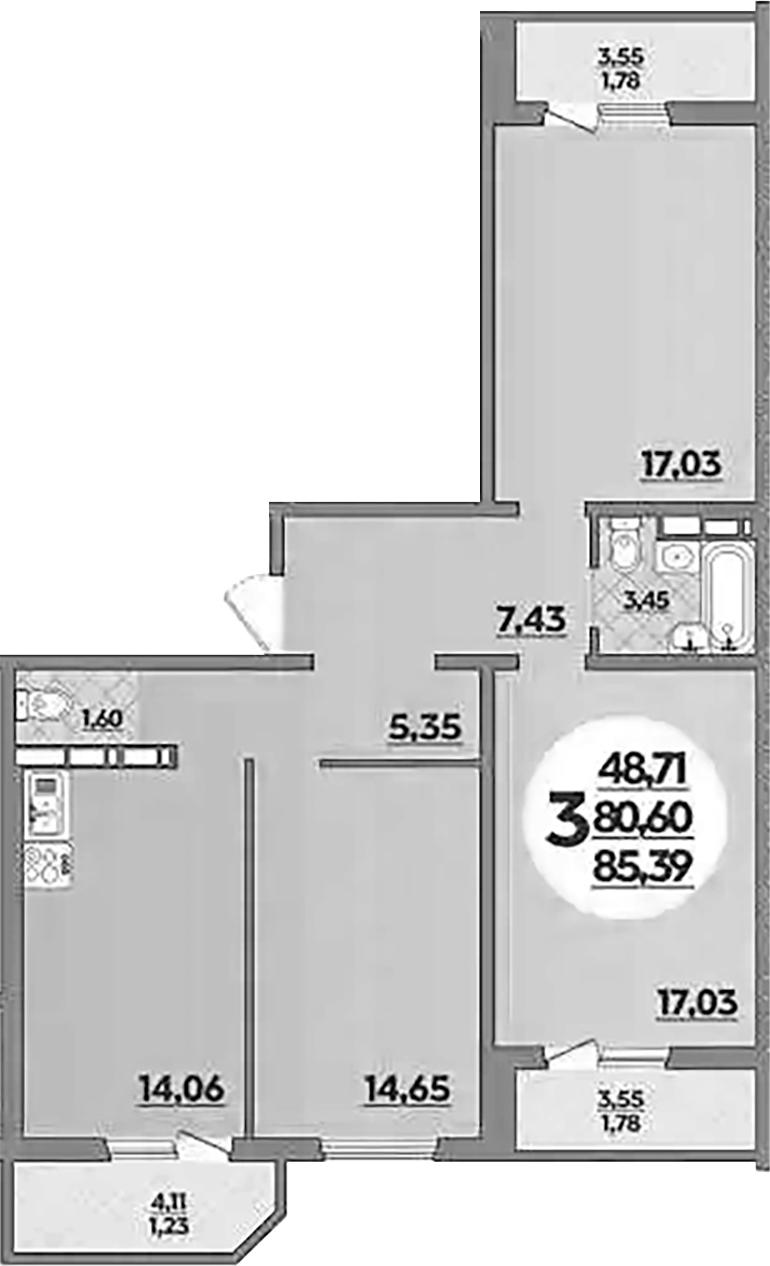 3-комн., 80.6 м², 9/16 этаж, ЖК «Восточный. Квартал №6»