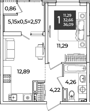 1-комн., 32.66 м², 14/18 этаж, ЖК «Образцово»