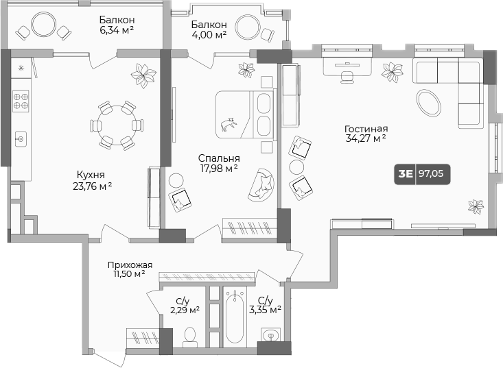 2-комн., 93.95 м², 4/17 этаж, ЖК «Золотой берег. СЗ Среда»