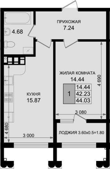 1-комн., 42.23 м², 2/8 этаж, ЖК «Резиденция морей»