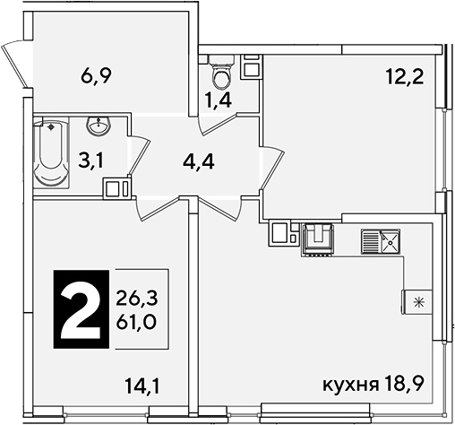 3-комн., 61 м², 6/16 этаж, ЖК «Самолет»