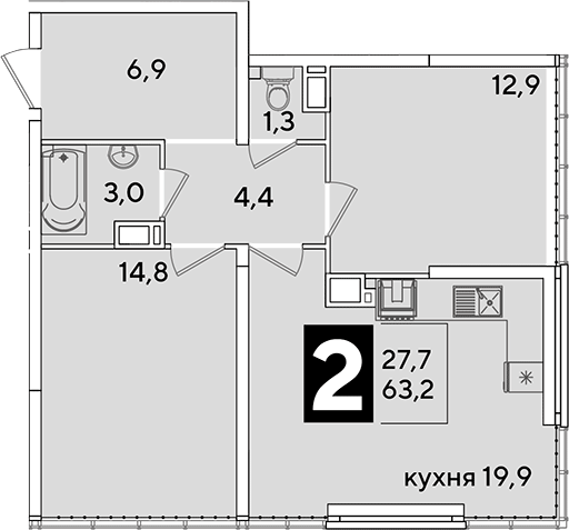 3-комн., 63.2 м², 16/16 этаж, ЖК «Самолет»