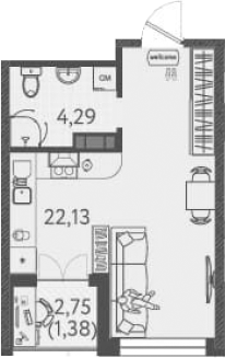 Студия, 26.42 м², 6/9 этаж, ЖК «Друзья»