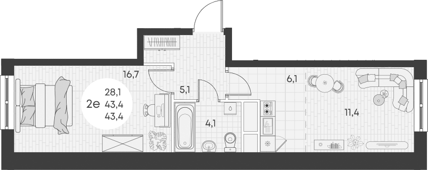 2-комн., 43.4 м², 2/15 этаж, ЖК «Грин Эппл»