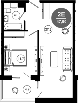 2-комн., 43 м², 7/10 этаж, ЖК «Гостиничный комплекс GREENMONT»