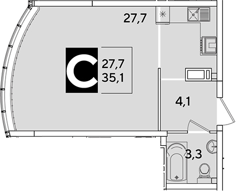 Продается 1-комн. квартира, 35.1 м²