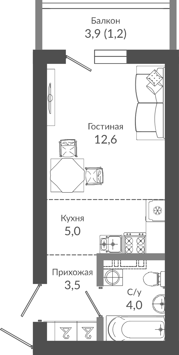 Студия, 25.1 м², 1/12 этаж, ЖК «Флора»