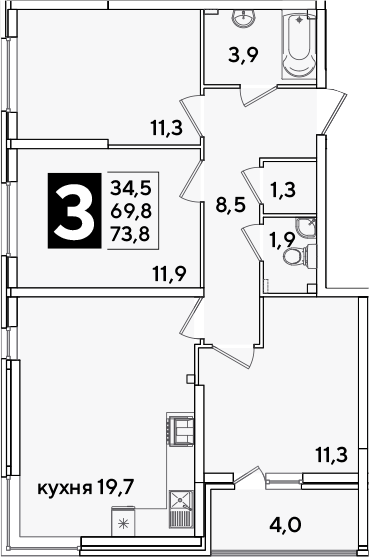 Продается 4-комн. квартира, 69.8 м²