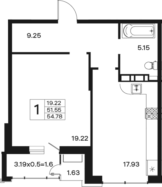 1-комн., 51.55 м², 4/12 этаж, ЖК «Эндемик»