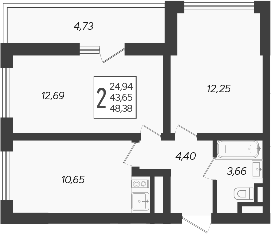 2-комн., 45.17 м², 6/19 этаж, ЖК «Кислород»
