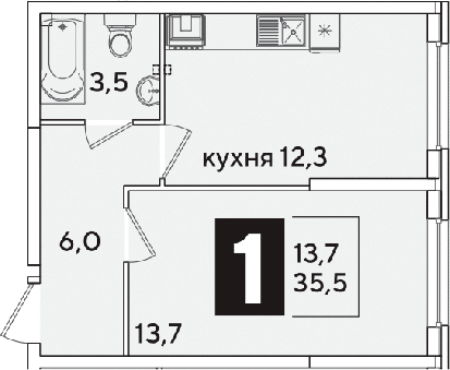 1-комн., 35.5 м², 1/16 этаж, ЖК «Самолет»