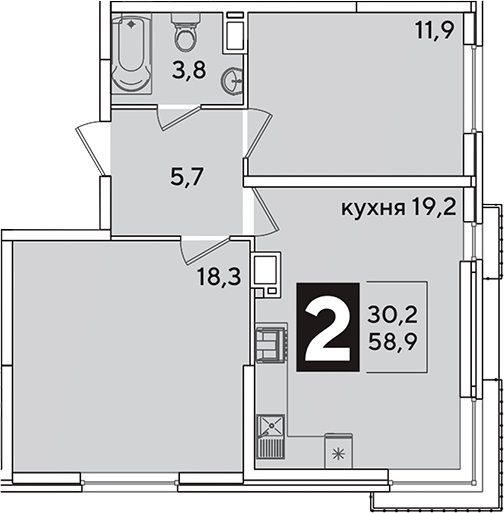 3-комн., 58.9 м², 14/16 этаж, ЖК «Самолет»