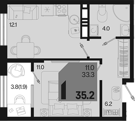 1-комн., 33.3 м², 16/18 этаж, ЖК «Первое место»