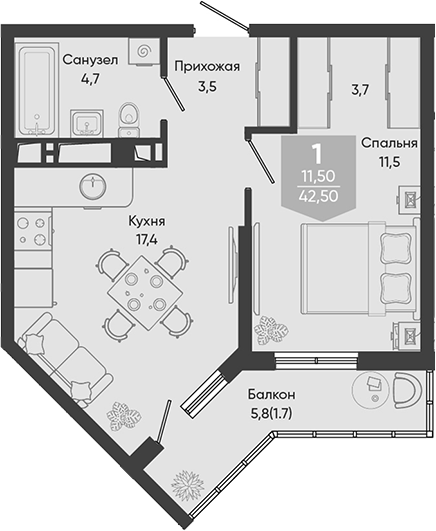 2-комн., 40.8 м², 19/24 этаж, ЖК «Облака»