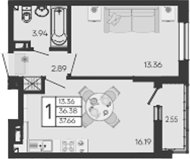 1-комн., 36.39 м², 8/9 этаж, ЖК «Дом 101»