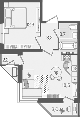2-комн., 37.7 м², 4/24 этаж, ЖК «Рекорд»