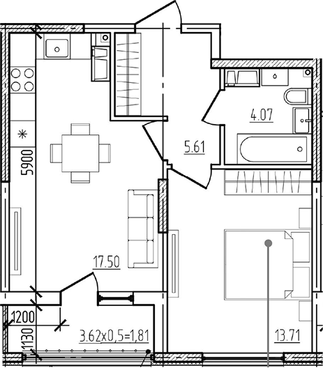 2-комн., 40.89 м², 3/9 этаж, ЖК «Моренуар»