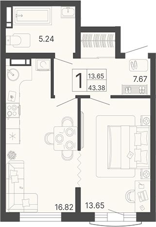 1-комн., 43.38 м², 10/11 этаж, ЖК «Светский лес»