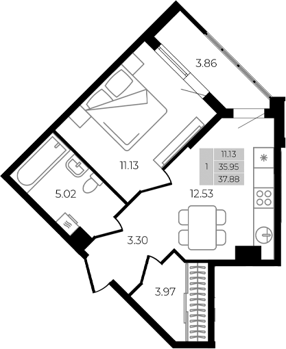 Продается 2-комн. квартира, 35.95 м²