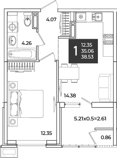 1-комн., 35.06 м², 13/18 этаж, ЖК «Образцово»