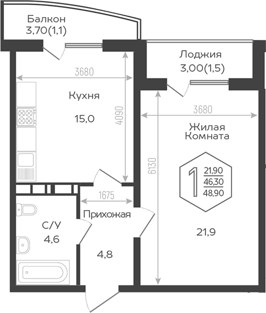 1-комн., 45.1 м², 15/21 этаж, ЖК «Гарантия PRIME»