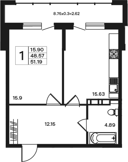 1-комн., 48.57 м², 4/10 этаж, ЖК «Эндемик»