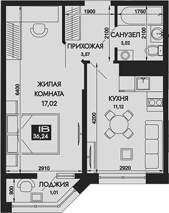 1-комн., 35.23 м², 2/16 этаж, ЖК «Вершины. ГК Смена»