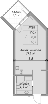 Студия, 31.8 м², 2/4 этаж, ЖК «Оазис Азова»